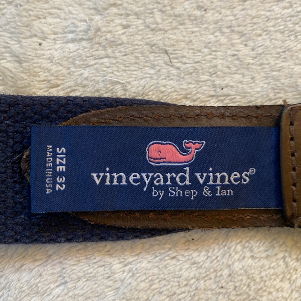 Vineyard Vines orange white whale navy canvas brass buckle leather accent belt - Picture 6 of 7